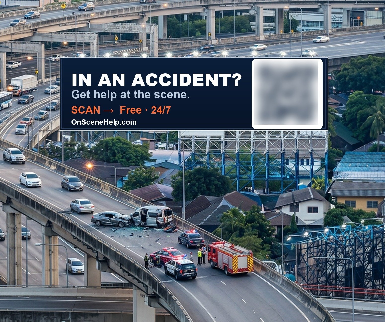 Emergency responders at a highway accident scene with a lit billboard overhead reading &ldquo;In an accident? Get help at the scene &mdash; scan the QR code. Free 24/7. OnSceneHelp.com&rdquo;